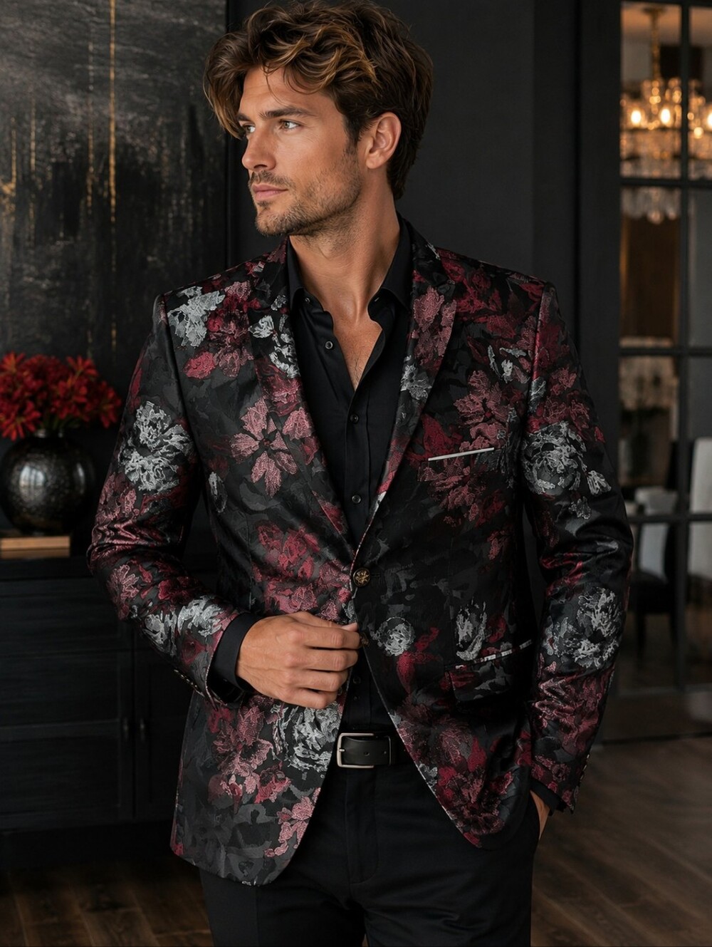 Men’s L Black Red Floral Jacquard Blazer Rose Brocade Tuxedo Dinner Jacket